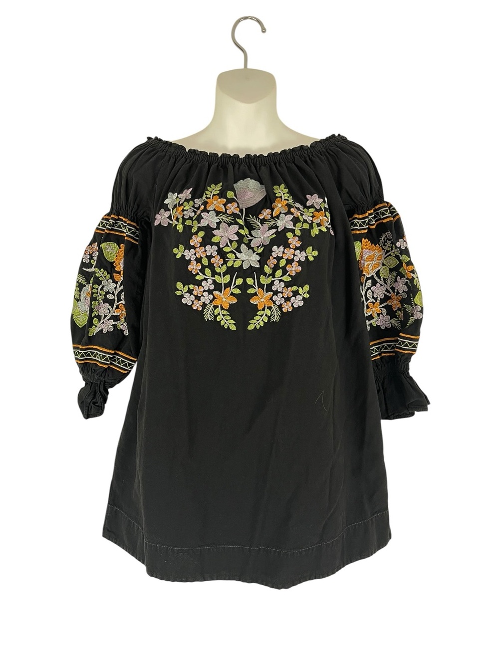 Giocam Black Embroidered Floral Off Shoulder Boho Peasant Blouse Size Medium - Picture 8 of 8